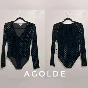 BNWT  AGOLDE Women’s KIRA Velvet rhinestone Bodysuit size Xs in Black